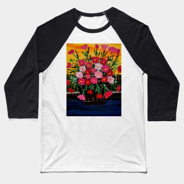 Some wildflowers in a wooden barrel but a metal fence Baseball T-Shirt by kkartwork